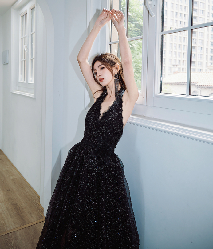 DOLLY Elegant Black French Style Polka Dot V-Neck Sleeveless Long Banquet Dress-IIENA