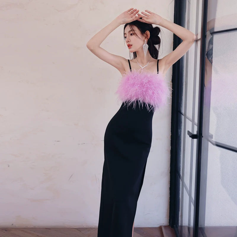DOLLY Elegant Black Fluffy Feather backless Long Date Dress-JAS L / Black DOLLY Elegant Black Fluffy Feather backless Long Date Dress-JAS L / Black