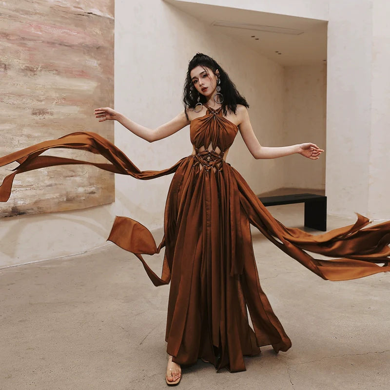 DOLLY Elegant Brown Halter Neck Loose High Waist Pleated Resort Dress-VEe M / Brown DOLLY Elegant Brown Halter Neck Loose High Waist Pleated Resort Dress-VEe M / Brown