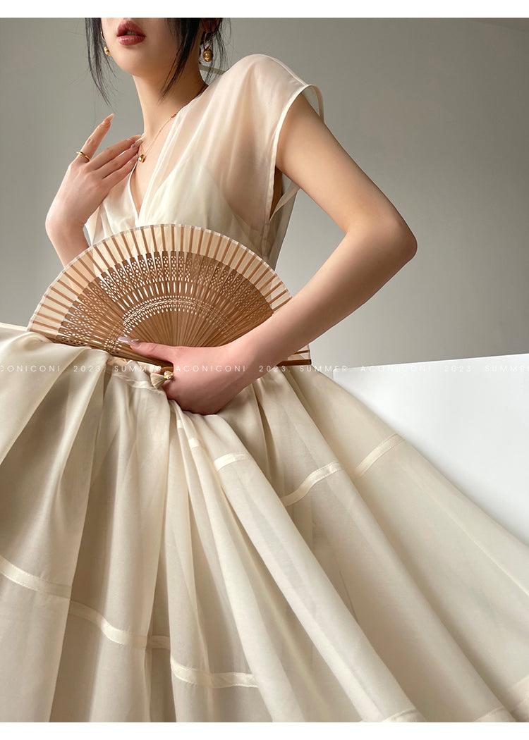 Aconiconi|high-end V-neck exquisite printed tea summer dress- Yufu fairy