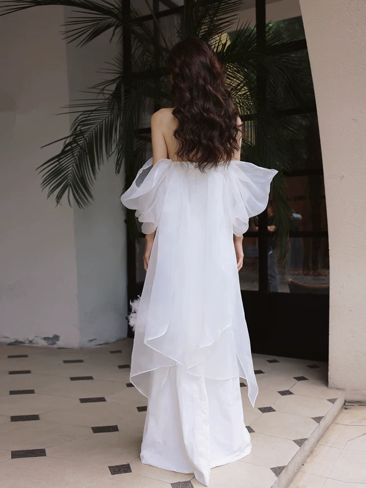 DOLLY Elegant White Off Shoulder Short Puff Sleeve High Waist Wedding Dress-NIKKA