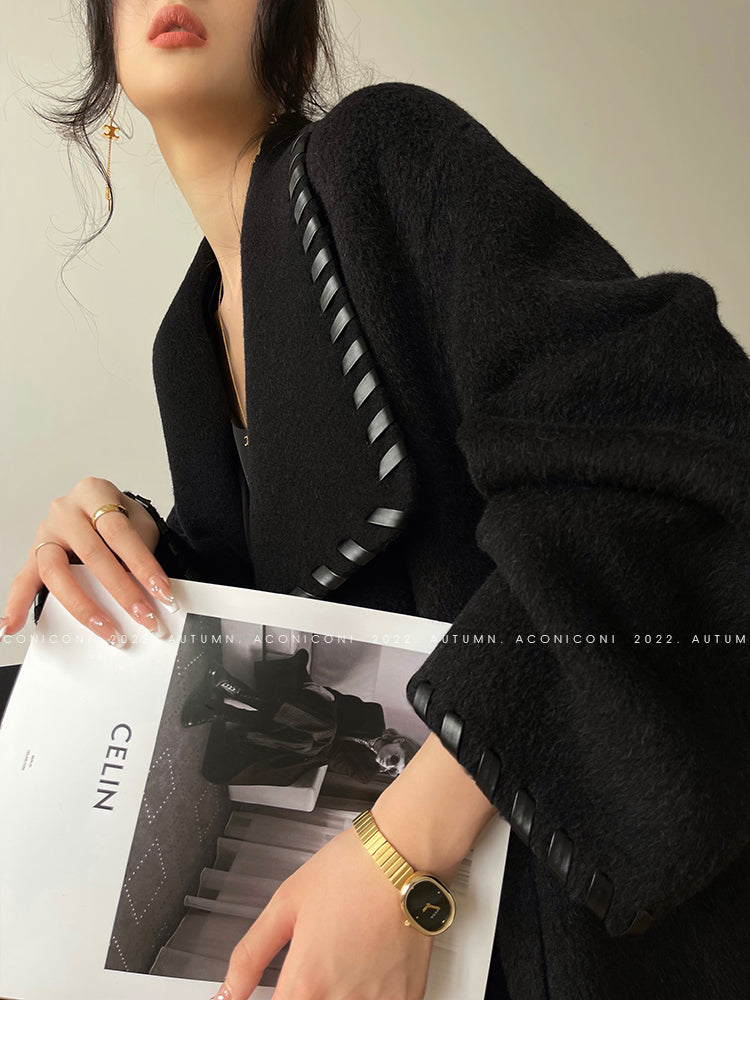 Aconiconi| Full wool coat classic double-sided wool woven belt coat -Nocturne
