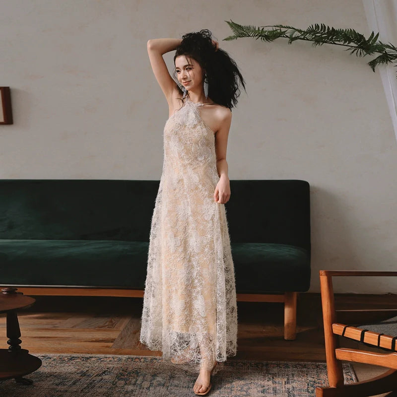 DOLLY Elegant Off White Retro Halter Neck Backless holiday Dress-JADE