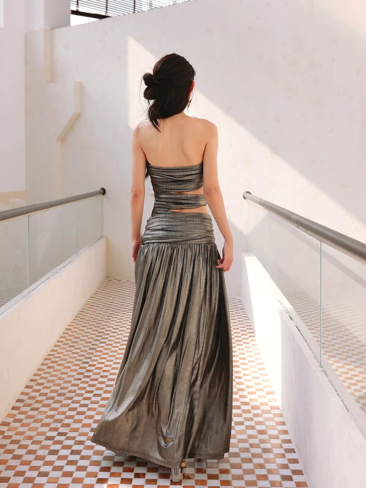 DOLLY Elegant Metallic Gray Skin Revealing Tube Top Long Dinner Dress-NIKITA XS / As shown DOLLY Elegant Metallic Gray Skin Revealing Tube Top Long Dinner Dress-NIKITA XS / As shown