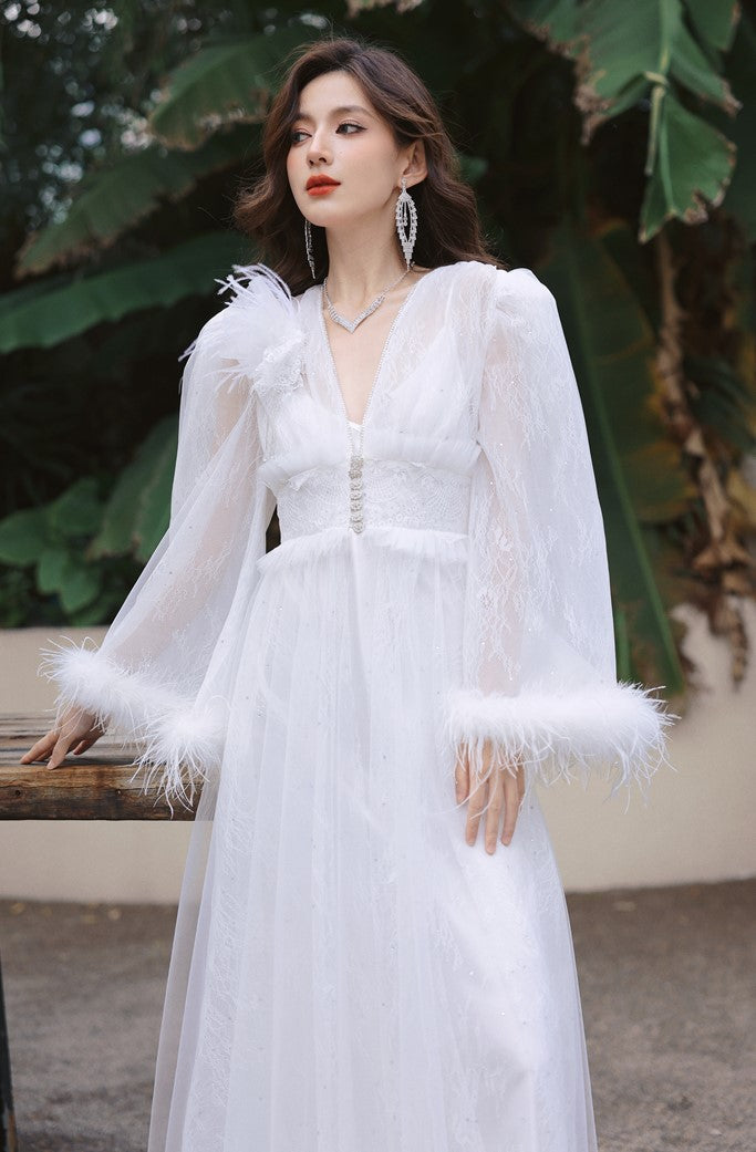 DOLLY Elegant White Deep V-Neck Lace Feather Bell Sleeves Long Robe Dress-ZOBA (V)*