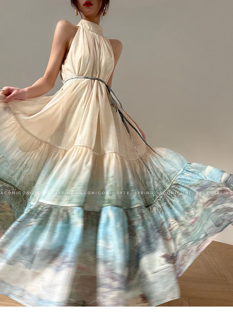 Aconiconi| Louvre Picture Reflection printed halter neck maxi skirt vacation dress - Miinia