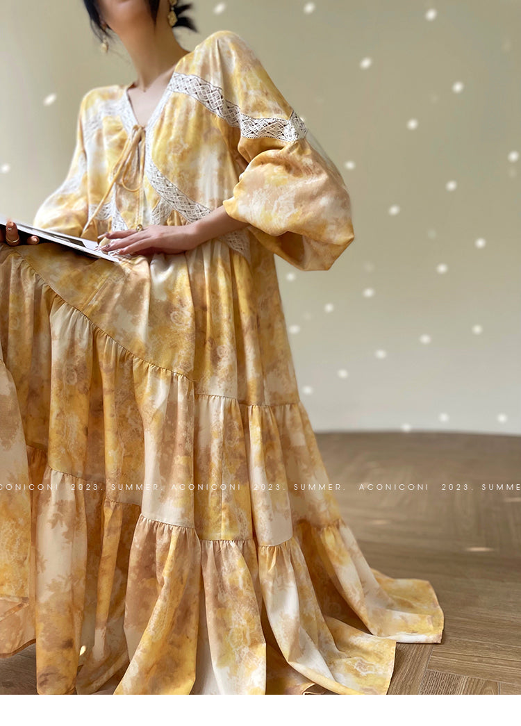 Aconiconi Luxury Yellow V-Neck Print Long Sleeve Loose Resort Dress- Huaye Mucheng