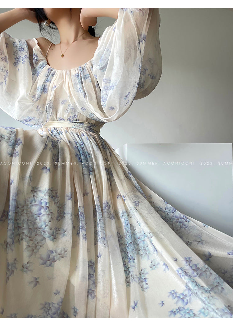 Aconiconi| Slip Off-the-Shoulder Top Skirt - Flower fairy