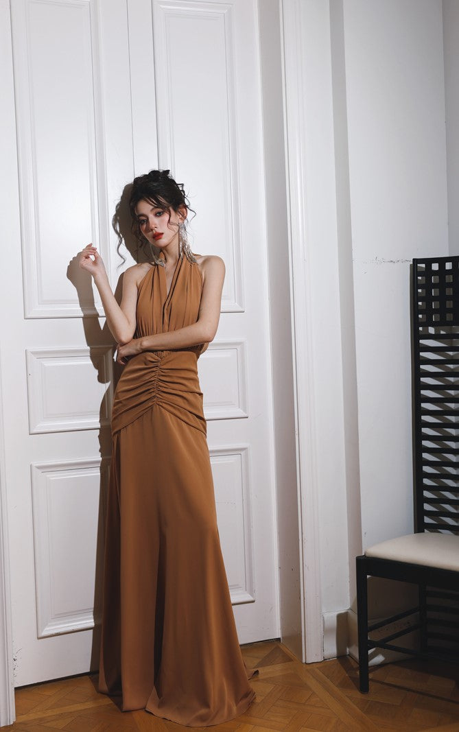 DOLLY Elegant Caramel Brown French Style Sleeveless Halter Collar Long Dinner Dress-PRIME (V)