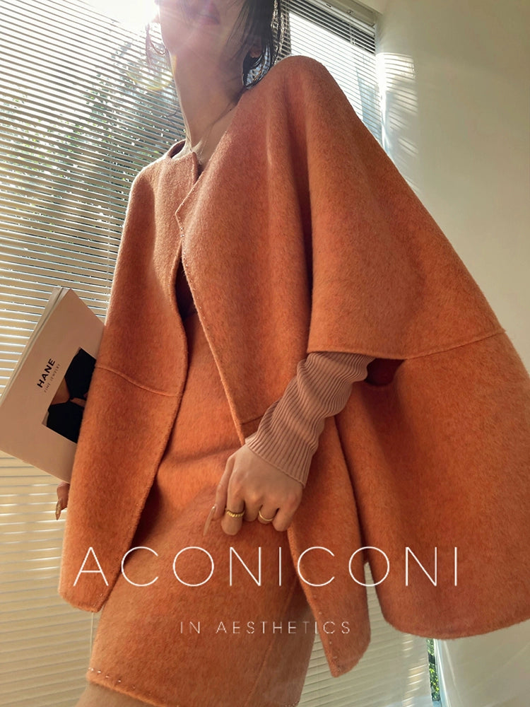Aconiconi autumn winter Twilight wool double-sided cape coat French shawl skirt - Sea Night