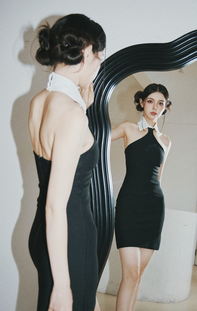 DOLLY Elegant White Lapel Sleeveless Backless Slim Fit Short Black Halter Neck Dress-VENETIA (V) TIA