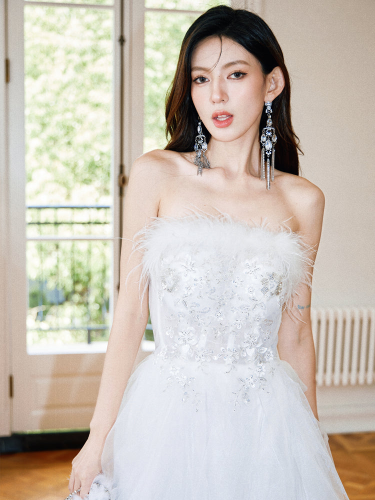 DOLLY Elegant White French Style Feather Chest Wrap Wedding Dress-MARIA (V)