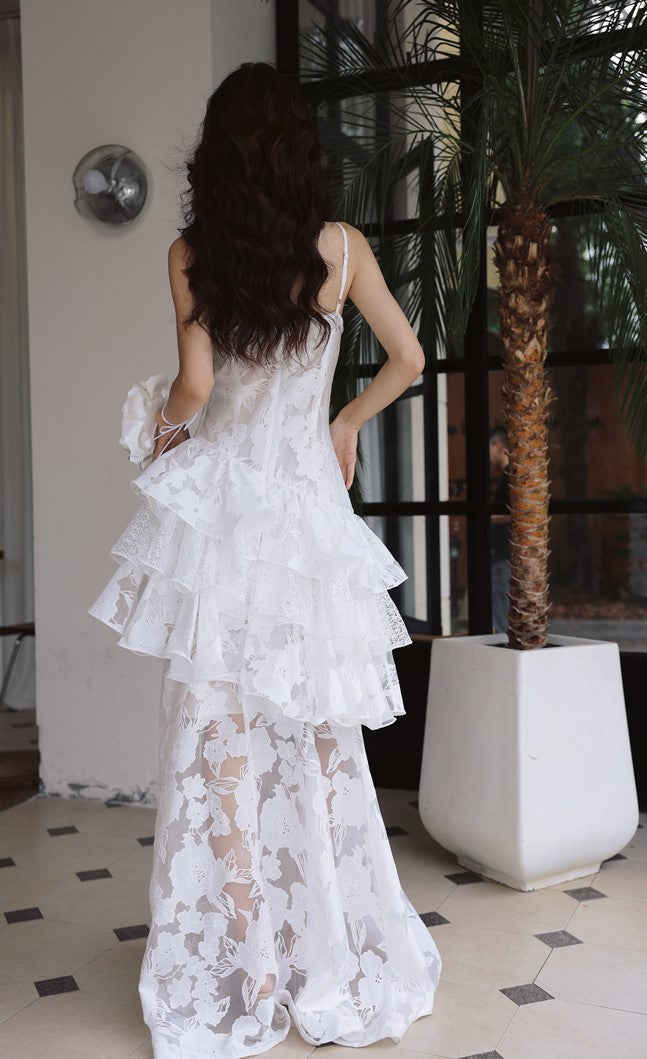 DOLLY Elegant White Flower Embroidery Lace Ruffle Layered Dinner Dress-DAISY (V)