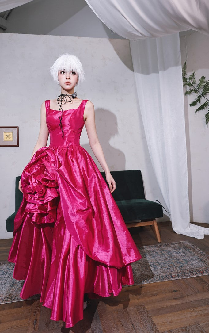 DOLLY High End Rose Square Collar Sleeveless Handmade Flower Long Dinner Dress-RITA