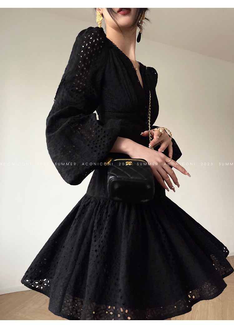 Aconiconi| French coffee break lace cotton white dress - Smoke