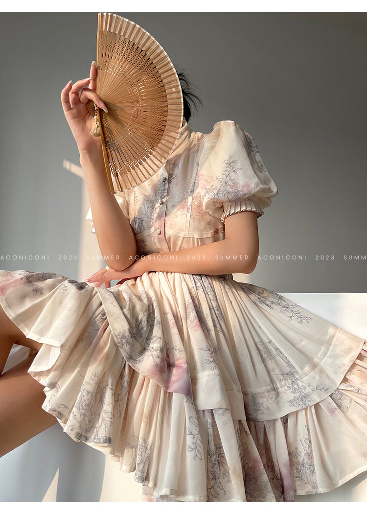 Aconiconi French puff short-sleeved shirt, tank layered printed skirt -  Kono's love letter