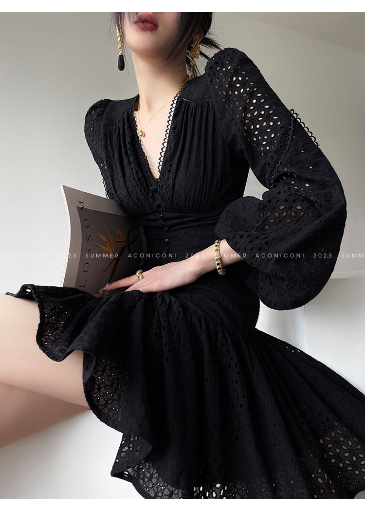 Aconiconi| French coffee break lace cotton white dress - Smoke