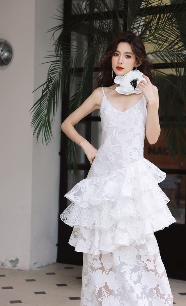 DOLLY Elegant White Flower Embroidery Lace Ruffle Layered Dinner Dress-DAISY (V)