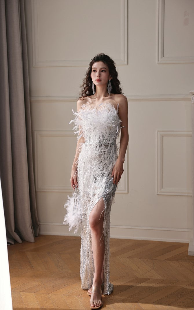DOLLY Sliver White Feather Tube Top Long Slit Wedding Guest Dress-AGNES