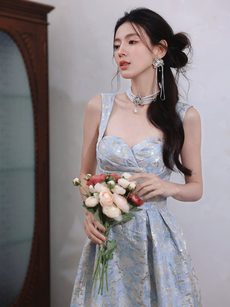 DOLLY Elegant Light Blue French High Waist Long A-Line jacquard Dress- Piere