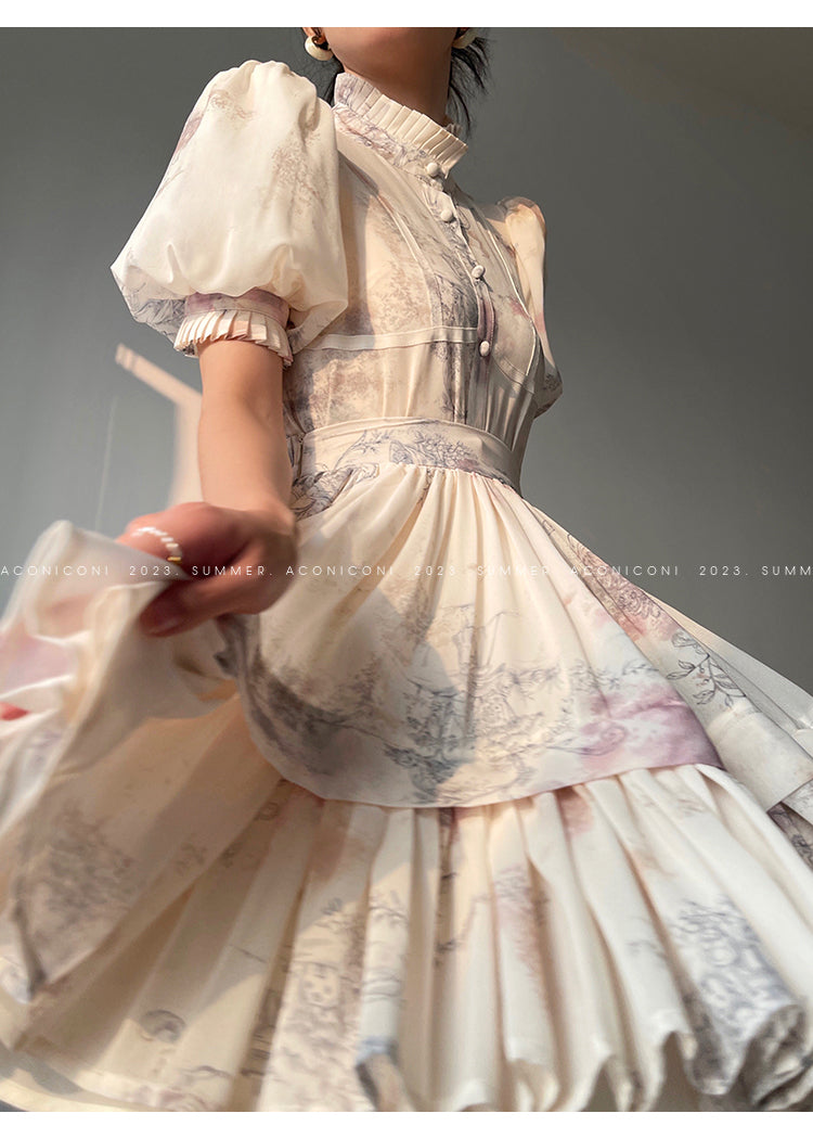 Aconiconi French puff short-sleeved shirt, tank layered printed skirt -  Kono's love letter