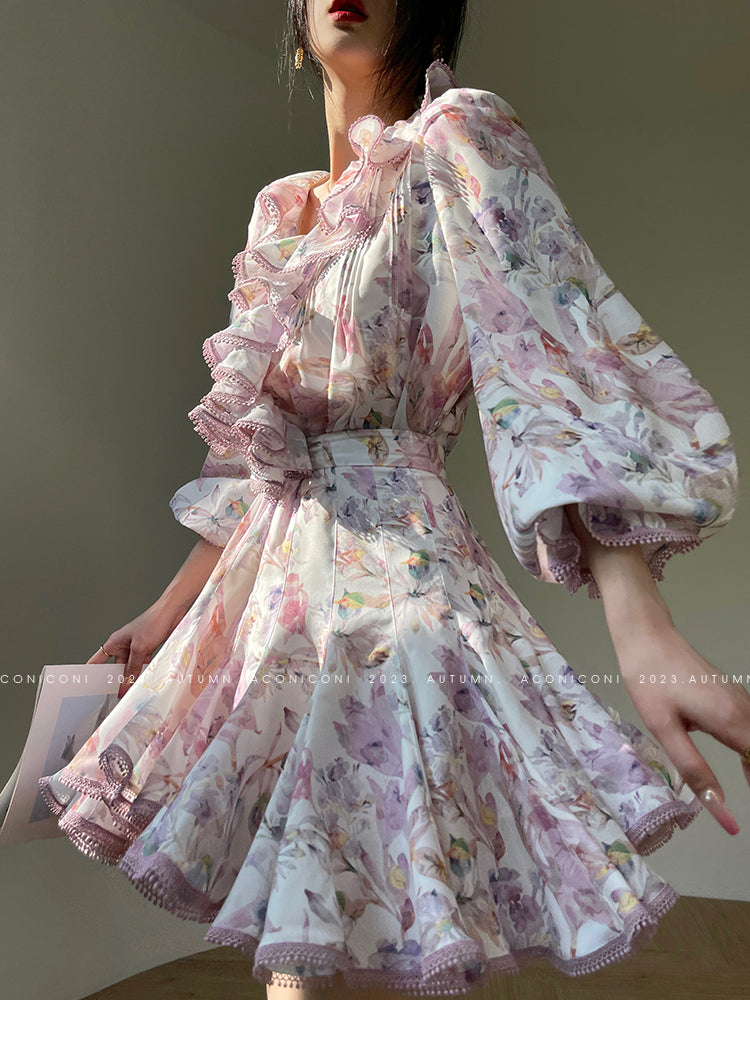 Aconiconi| High end designer printed top shirt + A-line skirt suit - Hyacinth