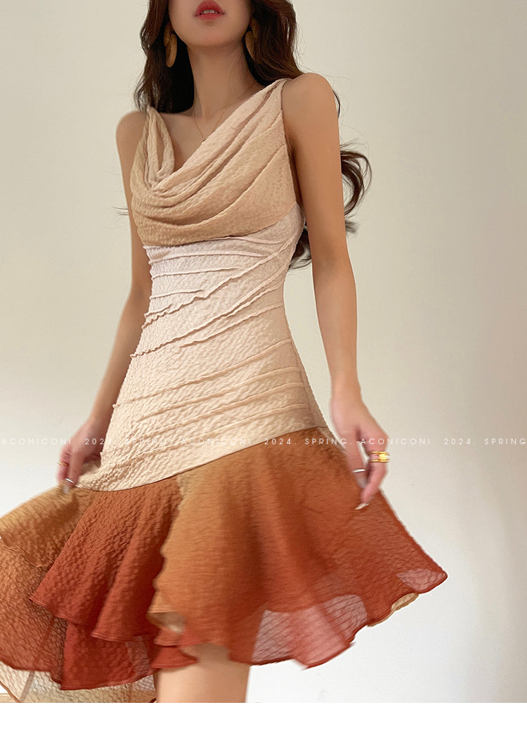 Aconiconi Luxury Sleeveless cowl neck ombre pleated hem Dress- Long Island Iced Tea