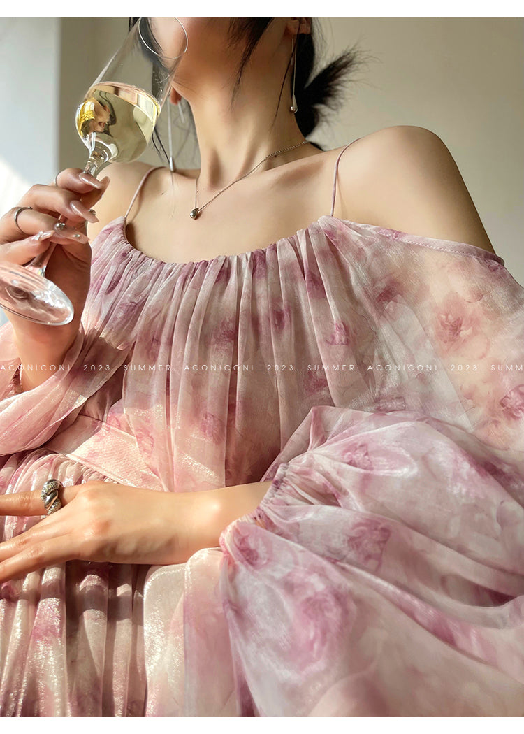 Aconiconi| Slip Off-the-Shoulder Top Skirt - Flower fairy
