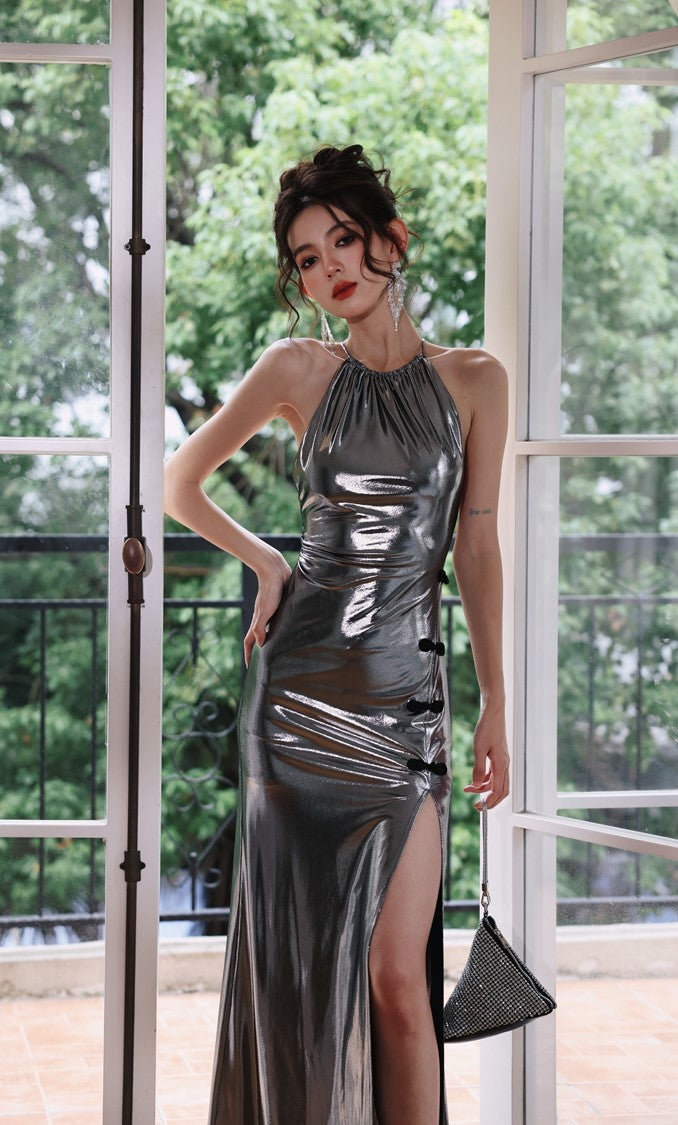 DOLLY Elegant Liquid Sliver Chinese Style Halter Neck Body Hug Long Cocktail Dress-MARBLE (V)