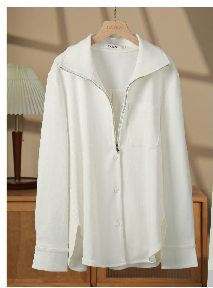 Half zipper white shirt women's autumn shirt- Tiloba