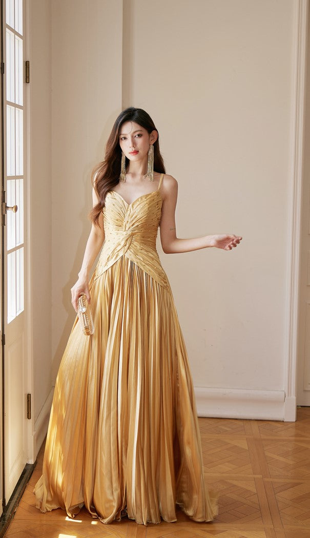 DOLLY Elegant Gold Sleeveless Beaded Pleated Large Swing Dress-GRACIA (V)