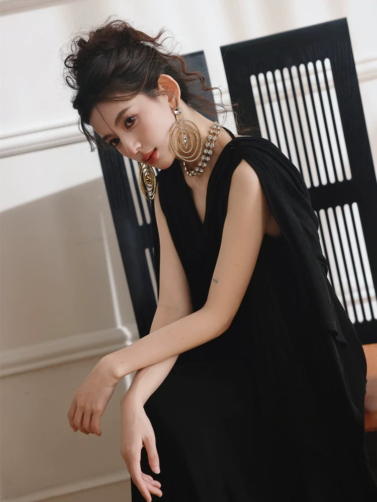 DOLLY Elegant Black Swing Collar Sleeveless Open Back Drape Dress-Kaka (V)