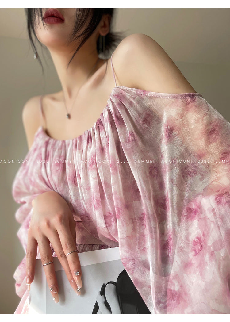 Aconiconi| Slip Off-the-Shoulder Top Skirt - Flower fairy