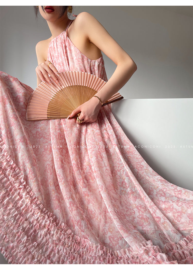 Aconiconi| halter-neck summer broken flowers vacation holiday style fairy dress - cherry blossom