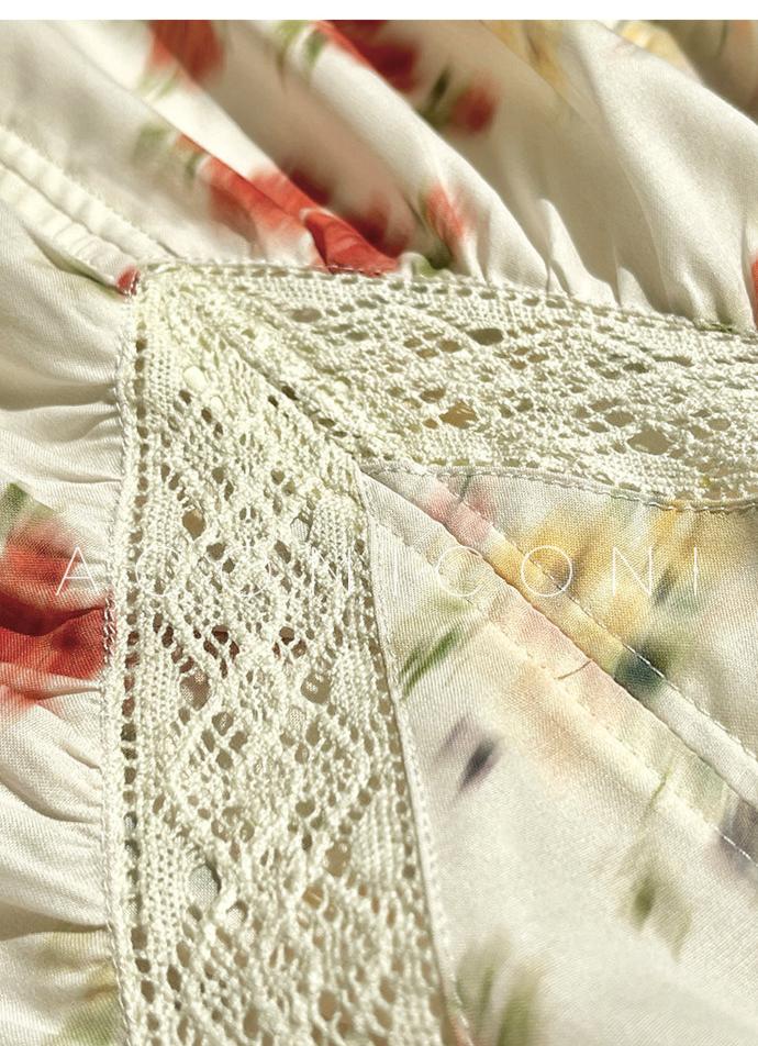 Aconiconi Luxury Yellow V-Neck Print Long Sleeve Loose Resort Dress- Huaye Mucheng