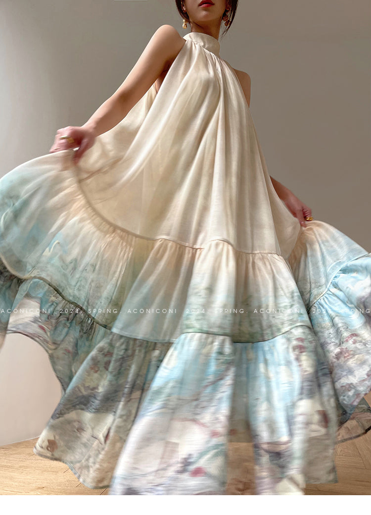 Aconiconi| Louvre Picture Reflection printed halter neck maxi skirt vacation dress - Miinia