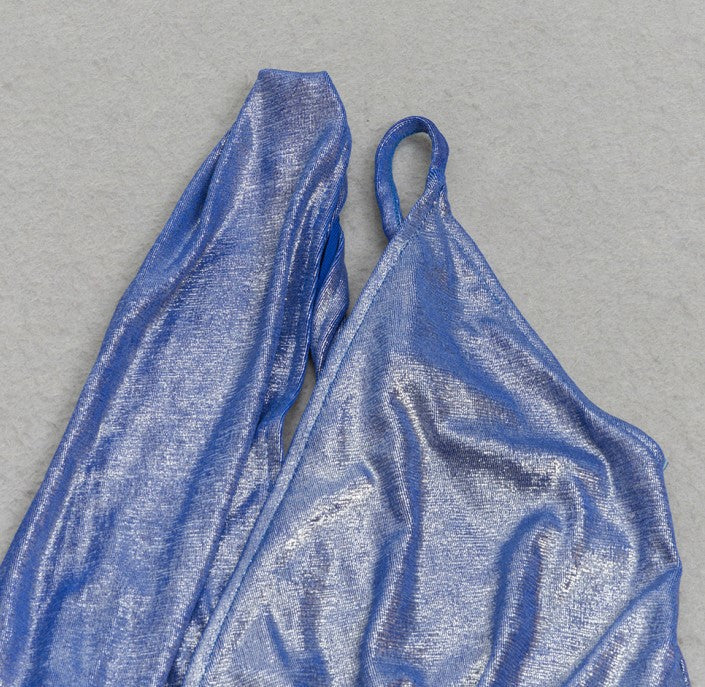 DOLLY Elegant Electric Blue Off Shoulder Halter Neck Dinner Dress-JU (V)