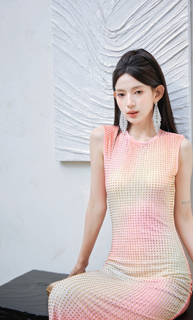 DOLLY High End Crew Neck Sleeveless Pink Gradient Dress-KILA