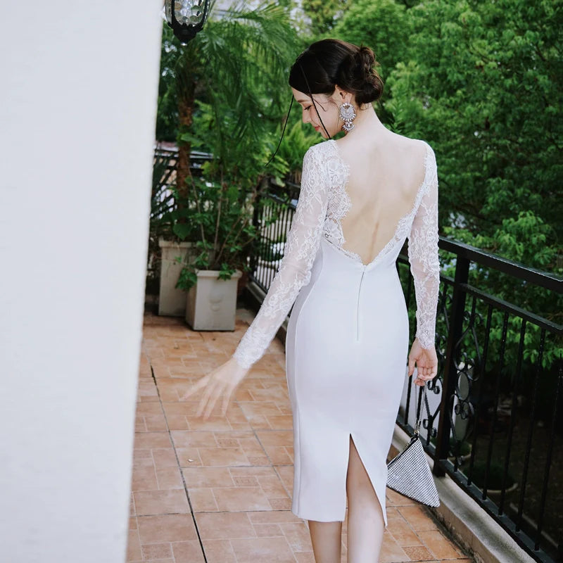 DOLLY Elegant White French Style Lace Long Sleeve Slim Fit Midi Wedding Dress-ZINA (V) *