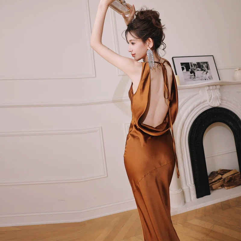 DOLLY Elegant Brown Retro Sleeveless Halter Neck Long Cocktail Dress-GIDDY