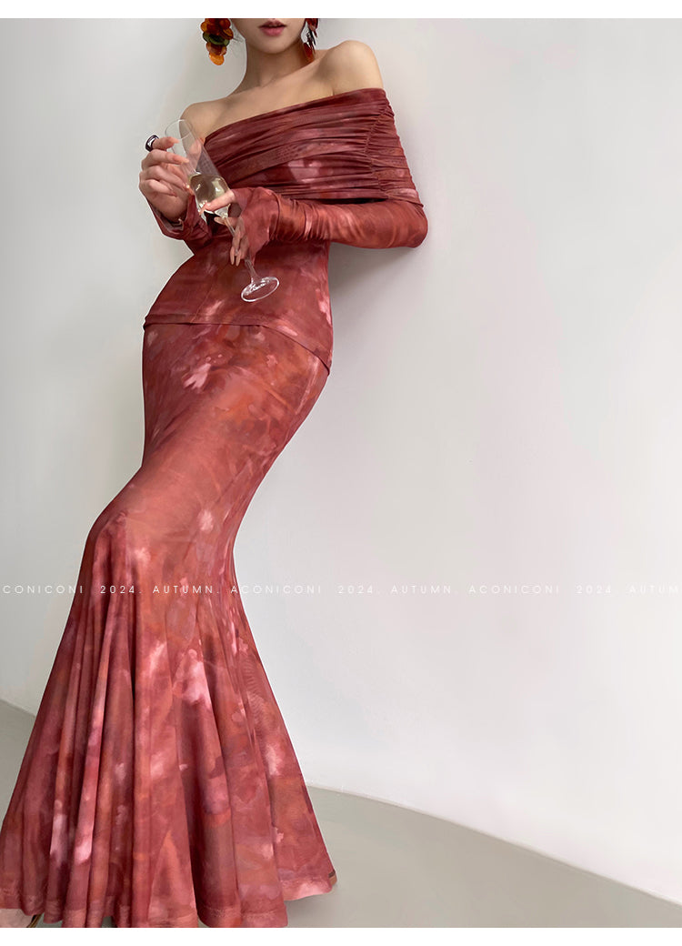 Aconiconi Luxury maxi fish Skirt Off shoulder top - Amber Sweet Tea