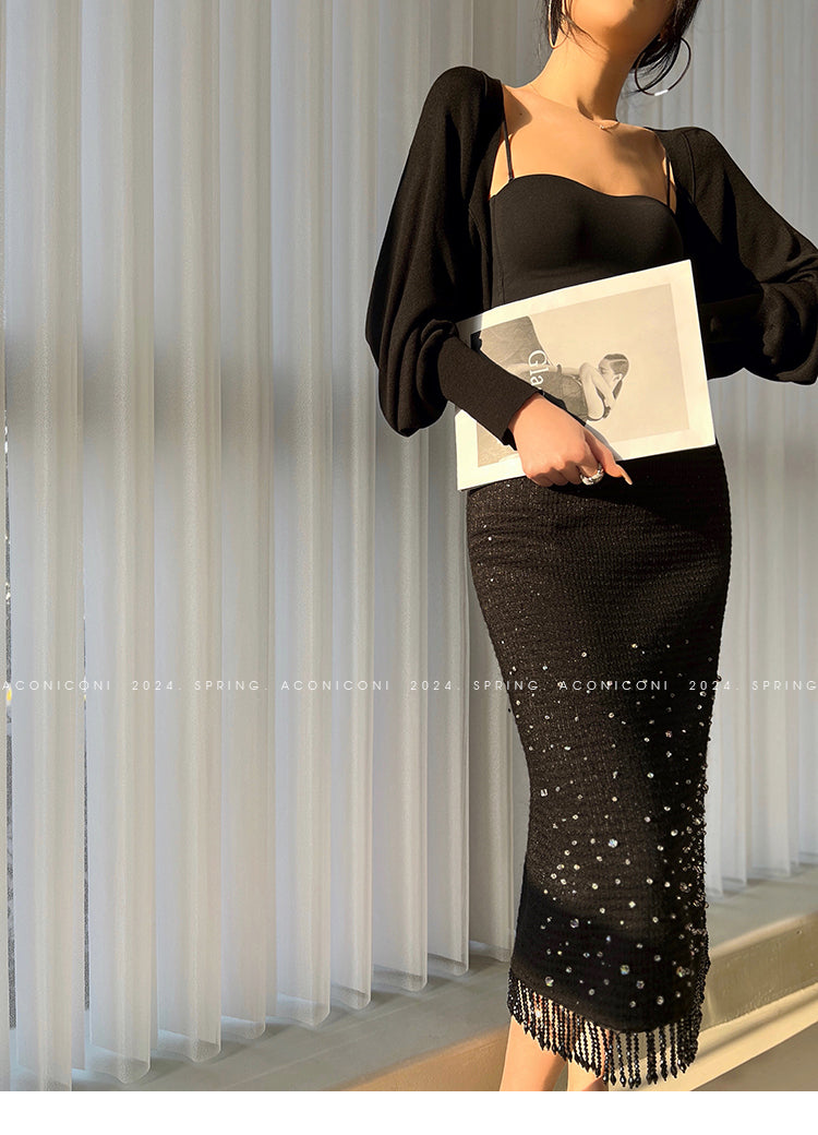 Aconiconi Elegant Black Retro High Waist Diamond Tassel Chic Skirt- Shallow Light