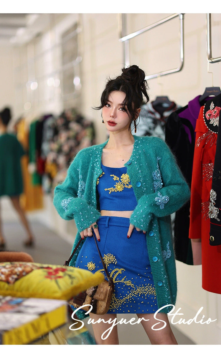 Blue autumn fall winter Wool hand-beaded yellow crystal stones top + skirt two-piece set