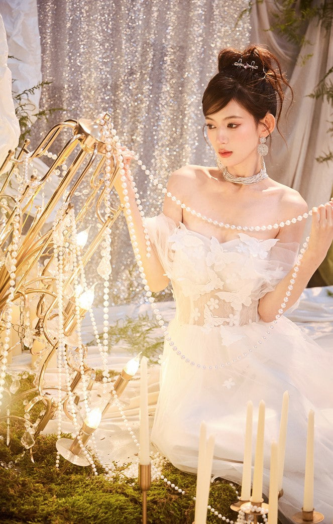 DOLLY Elegant White Off Shoulder Short Sleeve Flower Wedding Dress-SOPHIE (V)