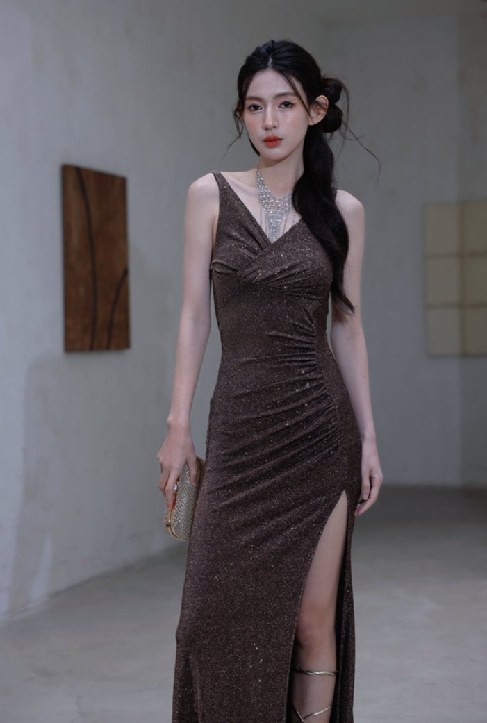 DOLLY Luxury Coffee Brown Sequin Sleeveless Long Slit Banquet Dress-Rola