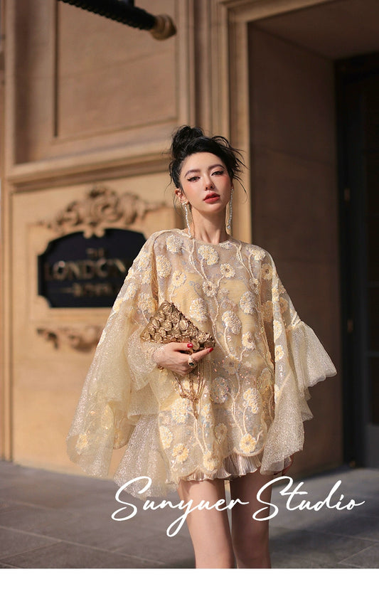 Exquisite Three-dimensional flower cape top + gilt wavy short suit set - Ilyia