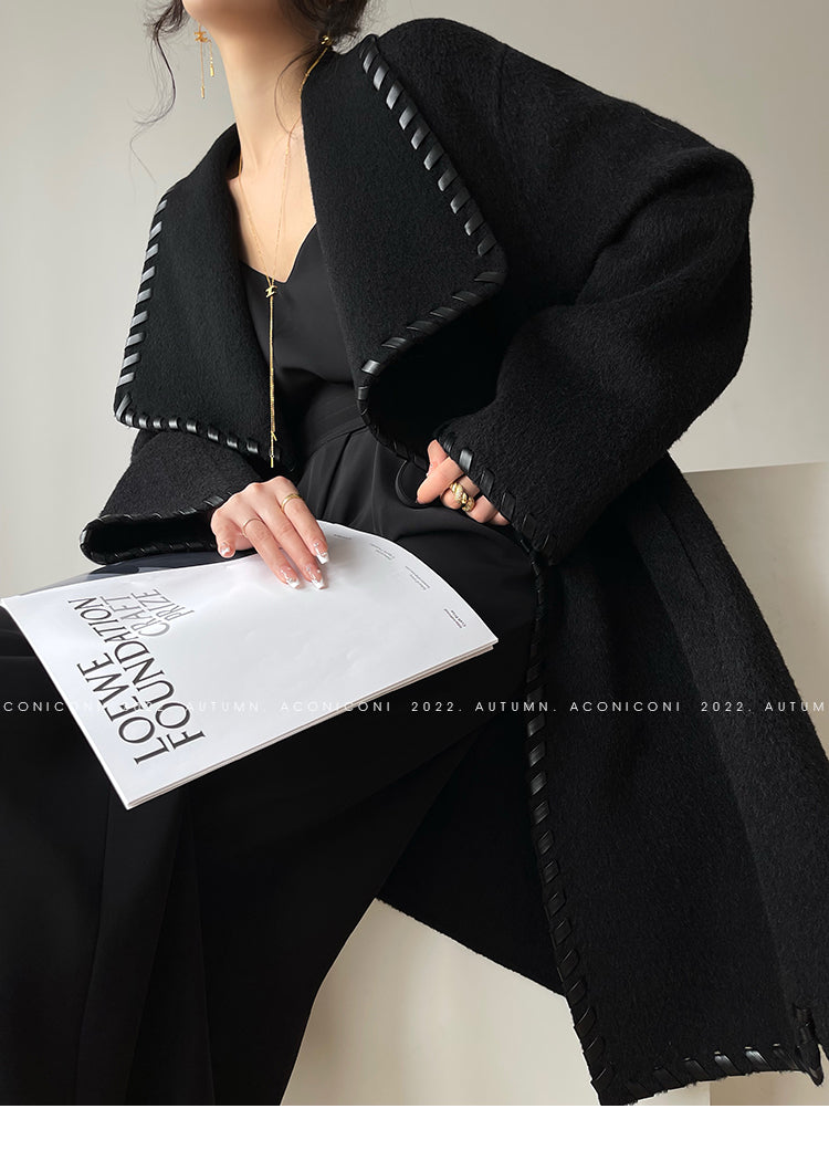 Aconiconi| Full wool coat classic double-sided wool woven belt coat -Nocturne
