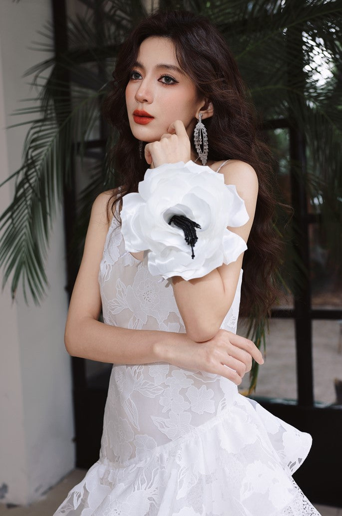 DOLLY Elegant White Flower Embroidery Lace Ruffle Layered Dinner Dress-DAISY (V)