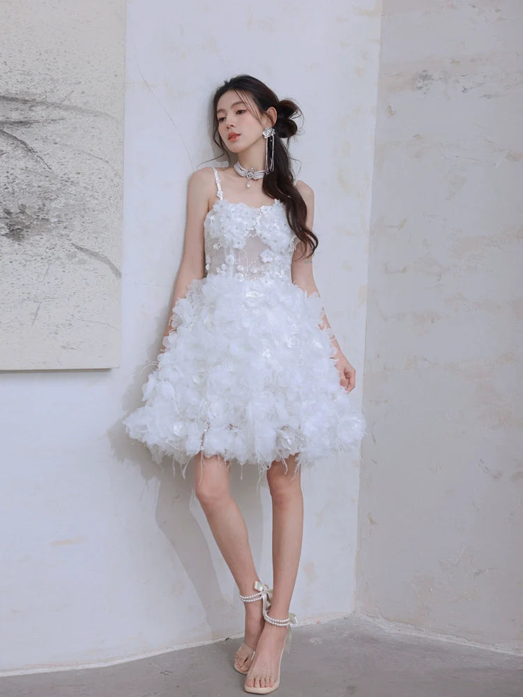 DOLLY Elegant White Embroidery Sleeveless short full Wedding Dress-Benny