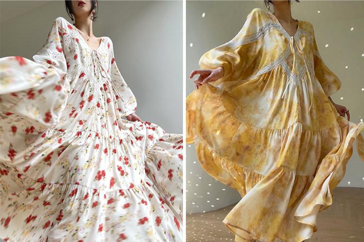 Aconiconi Luxury Yellow V-Neck Print Long Sleeve Loose Resort Dress- Huaye Mucheng